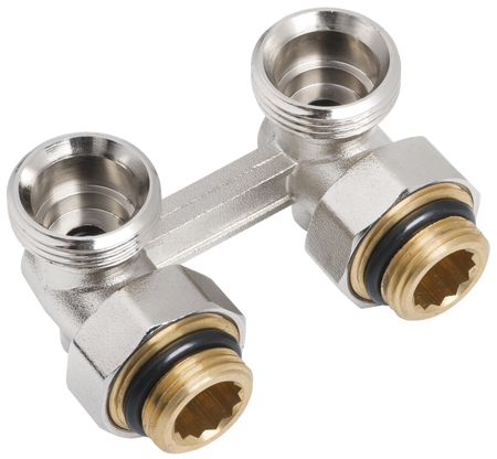 Invena dwururowy blok kurków, kątowy do grzejników stalowych z gwintami zewnętrznymi 1/2" 1/2" 3/4" CZ-86-K15-Z