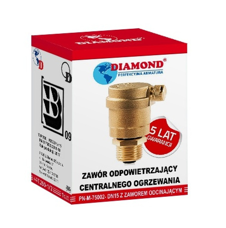 Diamond zawór odpowietrzający CO automatyczny z zaworem odcinającym 1/2" ART.250-15.