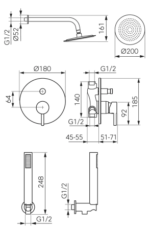 Ferro zestaw natryskowy podtynkowy z deszczownią CIRICULUS, chrom BCK7P-SET1-S