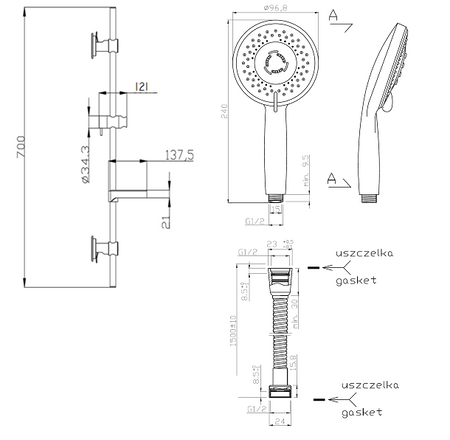 Invena zestaw natryskowy na drążku Milos, chrom AU-21-P01-L