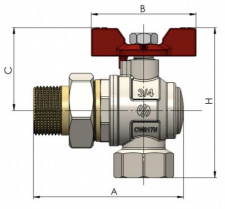 Arco zawór kulowy kątowy z półśrubunkiem SENA VA30 3/4", motylek 754304