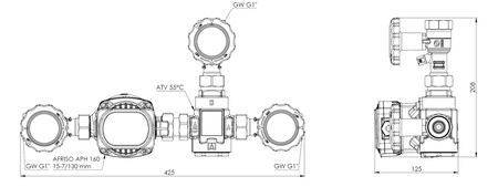 Afriso grupa ochrony powrotu kotła BTA 110 AP z zaworem temperaturowym ATV 55°C, pompa AFRISO APH 160 9011020