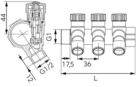 Ferro 3-drogowy rozdzielacz sanitarny 1"x1/2" RDW250300