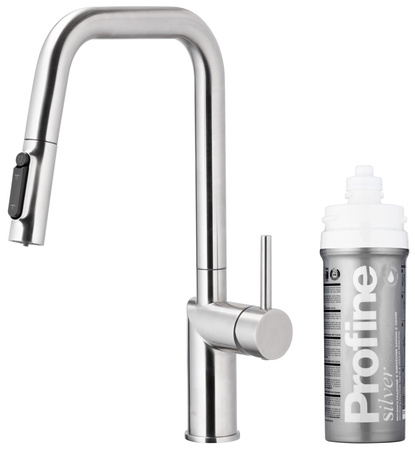 KFA bateria kuchenna z filtracją wody i wyciąganą wylewką Duero Pure Style, inox + zestaw filtrujący Profine Silver S 6623-314-22