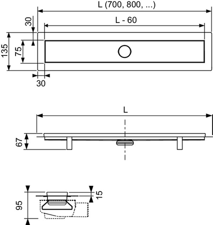 Tece odpływ liniowy kompletny, z odwracalnym rusztem Linus 70 cm 15103070