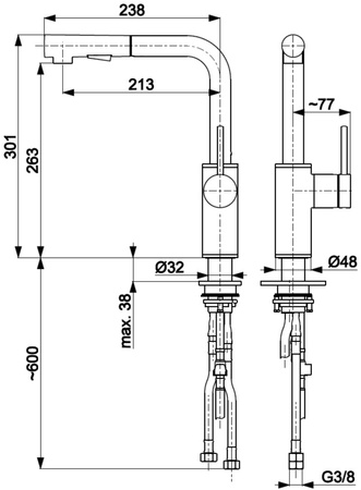 KFA bateria kuchenna stojąca z wyciąganą wylewką i obrotową wylewką 2-funkcyjną Duero Basic, brushed light gold PVD 6623-110-39