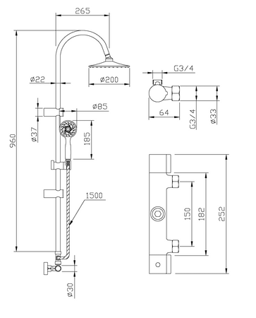 Invena zestaw prysznicowy z deszczownicą i baterią termostatyczną Gracja Slim, chrom AU-15-D01-C