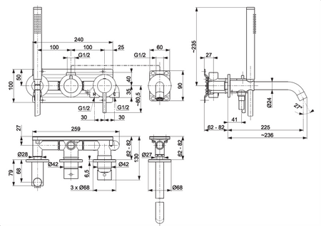 KFA zestaw wannowy podtynkowy z baterią 3-otworową 2-funkcyjną MOZA, brushed gold 5039-411-31