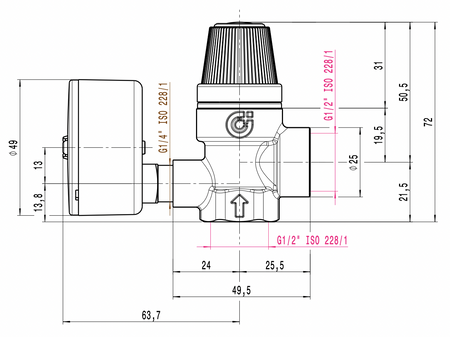 Caleffi zawór bezpieczeństwa przyłącza GW i manometrem 1/2" 6 bar 313460