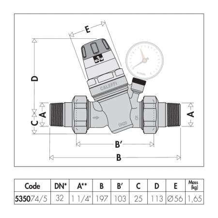Caleffi reduktor ciśnienia z wymiennym wkładem, manometrem oraz wskaźnikiem nastawy 3/4" 535051