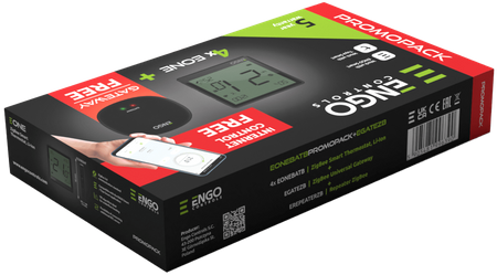 Engo internetowy akumulatorowy, natynkowy regulator temperatury ZigBee czarny 4 szt., bramka internetowa ZigBee, repeater sieci ZigBee EONEBATBPROMOPACK+EGATEZB