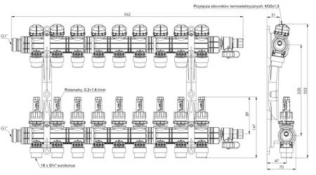 Afriso rozdzielacz ProCalida EF1 K 9 obiegów grzewczych, G1", 0,2÷1,6 l/min 81269