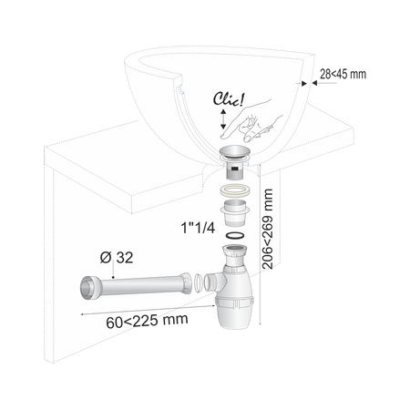 Wirquin syfon umywalkowy quick-clac z dwoma grzybkami, chrom i czarny mat 30724762