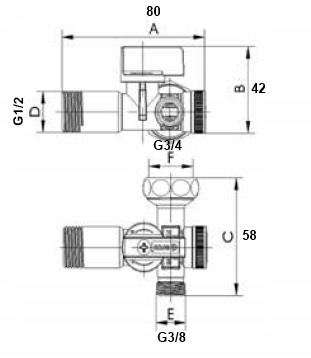 Arco zawór kulowy kątowy, kula antykam., filtr z polimeru, 1/2x3/4x3/8 (z zaślepką 3/4) DUAL29
