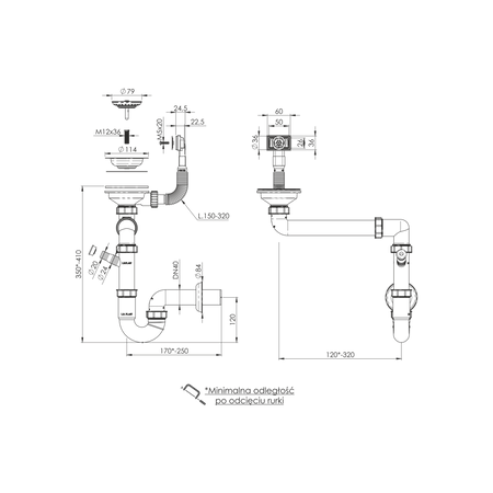 Instadrain syfon zlewozmywakowy fi 90 mm rurowy, 1-komora, oszczędzający miejsce, z wyjściem do pralki/zmywarki 2656
