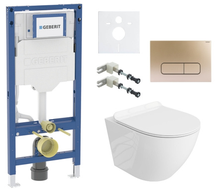 Zestaw stelaż podtynkowy Geberit UP320 do WC z przyciskiem Mocha bronze gold + miska WC Sofi Slim z deską Lavita S204