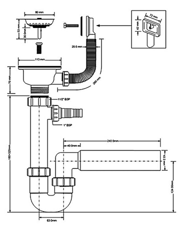 McAlpine syfon zlewozmywakowy rurowy 1 1/2 x 113 x 50mm z podłączeniem do zmywarki, spust z przelewem prostokątnym HC7+FSW50PR