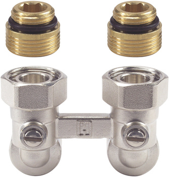 Honeywell podwójny zawór przyłączeniowy kątowy 1/2" GW (z nyplami 1/2"x3/4") V2495EY015A