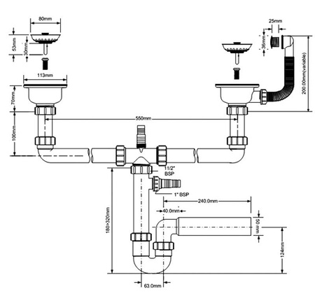 McAlpine syfon zlewozmywakowy rurowy podwójny 3,5" x 50mm, z podłączeniem pralki lub zmywarki, przelew HC7HC12-POL1-25