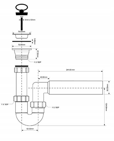 McAlpine syfon zlewozmywakowy rurowy 11/2" x 50mm, z podłączeniem pralki lub zmywarki HC7HC15