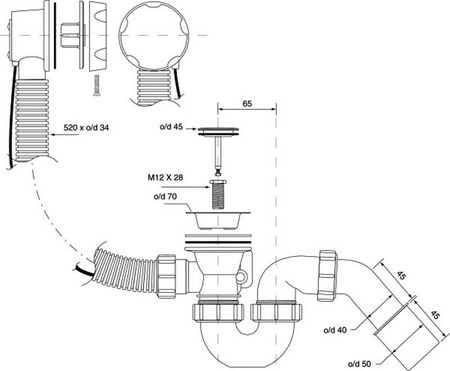 McAlpine zestaw odpływ-przelew., syfon wannowy z odejściem 40/50mm, z mechanizmem autom. pokrętło mosiądz satyna HC31M-S2-SC