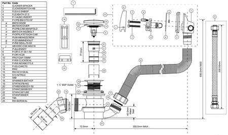 McAlpine zestaw odpływ-przelew. wannowy z odejściem 40/50mm, z mech. napełniającym, "klik-klak", L-1000mm, chrom HCN2600CC-15MM
