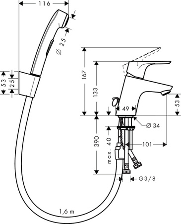 Hansgrohe jednouchwytowa bateria umywalkowa Focus 70 z główką bidette i wężem 31926000