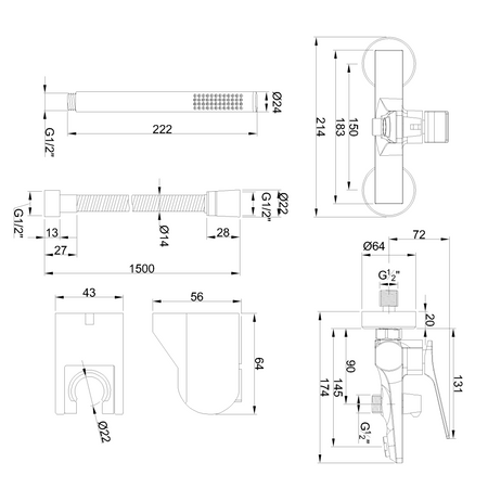 Invena bateria wannowa z zestawem natryskowym Neri Plus, miedź BW-P1-014-L