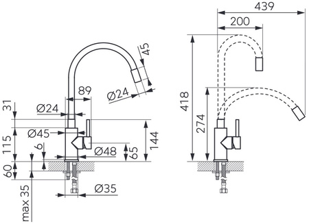 Ferro bateria zlewozmywakowa ZUMBA INOX , czarna elastyczna wylewka BZA4BSS