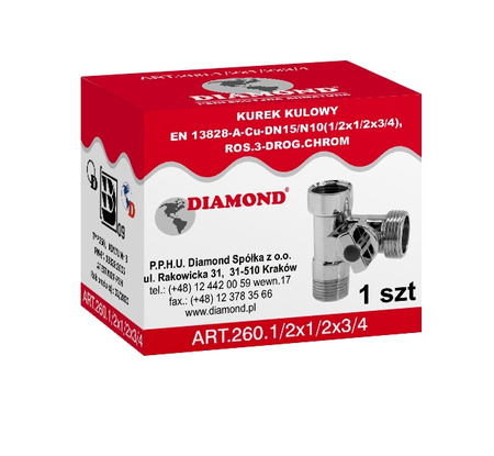 Diamond kurek kulowy rosyjski 3-drogowy 1/2"x1/2"x3/4", chrom ART.260.1/2X1/2X3/4
