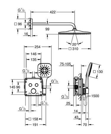 Grohe podtynkowy zestaw prysznicowy Grohtherm SmartControl z deszczownicą Rainshower Mono 310 Cube czarny 34865KF0