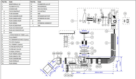 McAlpine zestaw - syfon odpływ-przelew.wannowy z odejściem 40/50mm, z mech.napełniającym i autom. mosiądz chrom HCN3100CB-15MM