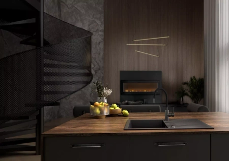 Ferro bateria zlewozmywakowa, elastyczna czarna wylewka ZUMBA INOX, gun metal BZA4BSSGM