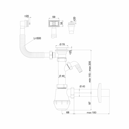 Instadrain syfon zlewozmywakowy fi 50 mm butelkowy, 1-komora, z wyjściem do pralki/zmywarki 1233