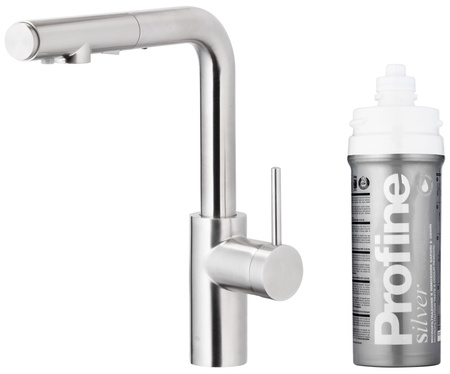 KFA bateria kuchenna z filtracją wody i wyciąganą wylewką Duero Pure Basic, inox + zestaw filtrujący Profine Silver S 6623-114-22