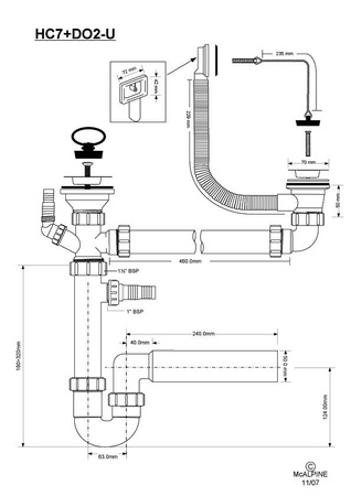 McAlpine syfon zlewozmywakowy rurowy podwójny 1 1/2"x50mm z podłączeniem pralki i zmywarki, przelew HC7+DO2-U
