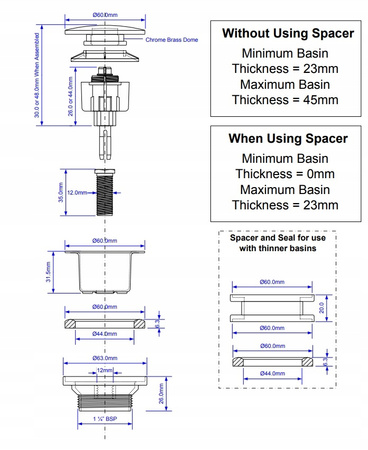 McAlpine spust umywalkowy 1.1/4" wykonany z mosiądzu, z korkiem dekoracyjnym i mechanizmem otwierającym i zamykającym klik-klak CWP60CB
