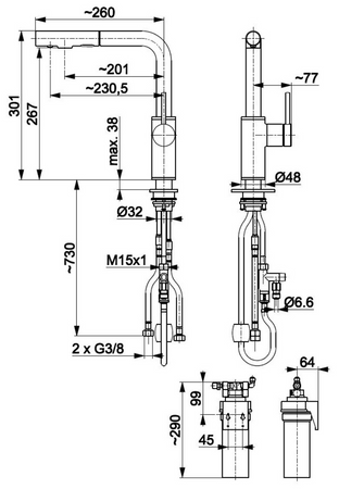 KFA bateria kuchenna z filtracją wody i wyciąganą wylewką Duero Pure Basic, inox + zestaw filtrujący Profine Blue S 6623-113-22
