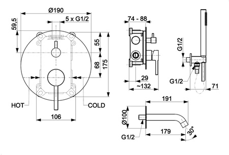 KFA zestaw wannowy podtynkowy Moza, miedź szczotkowana PVD 5039-401-34