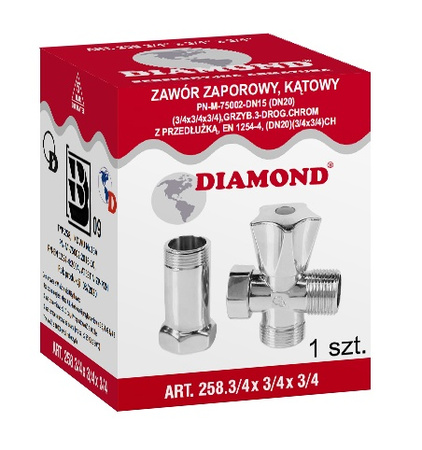 Diamond zawór zaporowy kątowy grzybkowy 3-drogowy z przedłużką 3/4", chrom ART.258.3/4X3/4X3/4