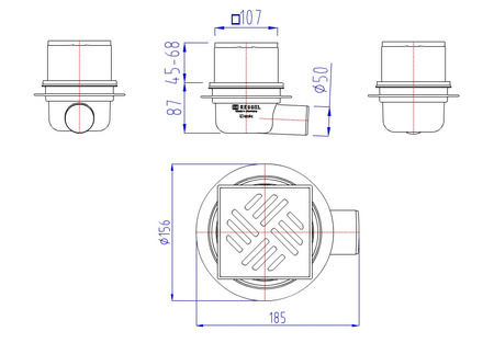 Kessel wpust Classic DN50, odpływ boczny z kratką nierdzewną 100 x100 40150.20