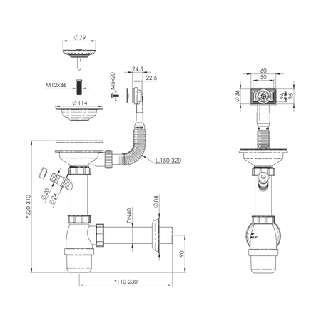 Instadrain syfon zlewozmywakowy fi 90 mm butelkowy, 1-komora, z wyjściem do pralki/zmywarki 2663