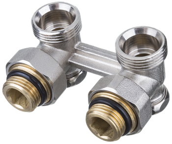 Invena dwururowy blok kurków, kątowy do grzejników stalowych z gwintami zewnętrznymi PROV 1/2" 3/4" CZ-80-K15-L