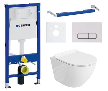 Zestaw stelaż podtynkowy Geberit UP100 do WC z białym przyciskiem Mocha + miska WC Sofi Slim z deską Lavita S225