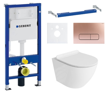 Zestaw stelaż podtynkowy Geberit UP100 do WC z przyciskiem Mocha rose gold + miska WC Sofi Slim 3.0 z deską Lavita S217