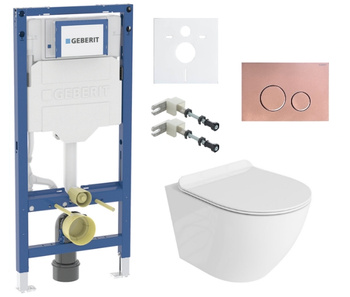 Zestaw stelaż podtynkowy Geberit UP320 do WC z przyciskiem Cortado rose gold + miska WC Sofi Slim 3.0 z deską Lavita S187