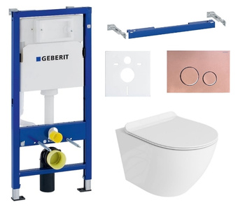 Zestaw stelaż podtynkowy Geberit UP100 do WC z przyciskiem Cortado rose gold + miska WC Sofi Slim 3.0 z deską Lavita S211