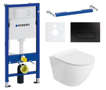 Zestaw stelaż podtynkowy Geberit UP100 do WC z przyciskiem Mocha czarny mat + miska WC Sofi Slim z deską Lavita S227
