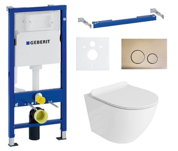 Zestaw stelaż podtynkowy Geberit UP100 do WC z przyciskiem Cortado bronze gold + miska WC Sofi Slim 3.0 z deską Lavita S210