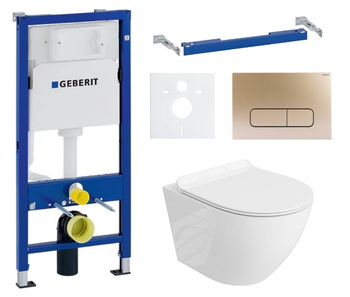 Zestaw stelaż podtynkowy Geberit UP100 do WC z przyciskiem Mocha bronze gold + miska WC Sofi Slim z deską Lavita S228